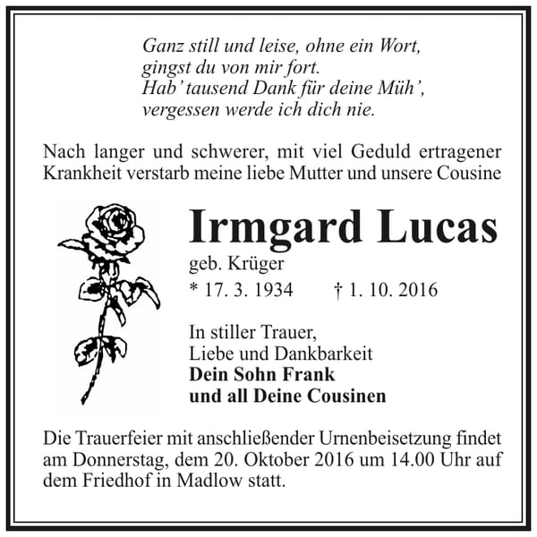 Traueranzeige Irmgard Lucas, geb. Krüger