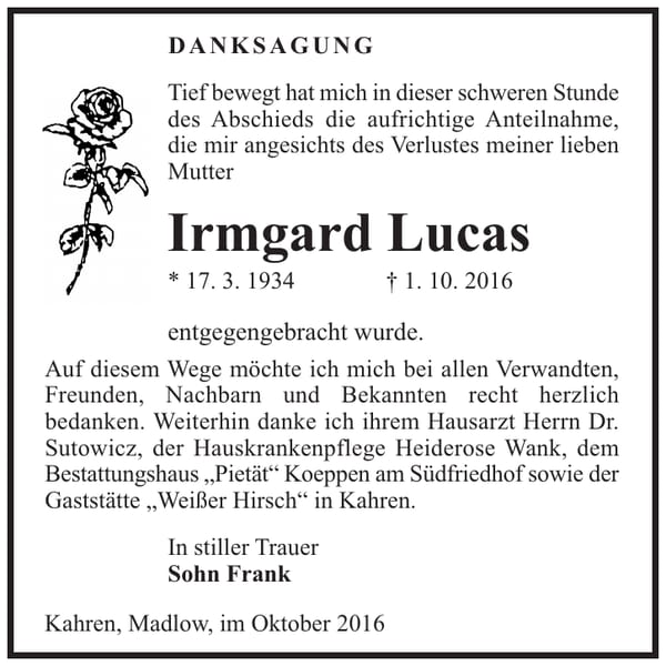 Danksagung Irmgard Lucas