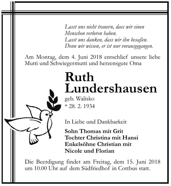 Traueranzeige Ruth Lundershausen, geb. Walisko