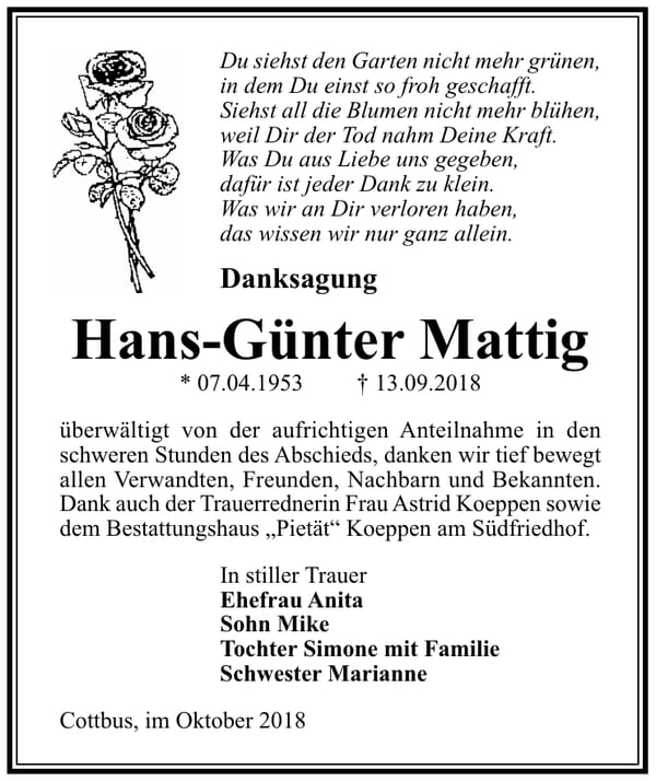 Danksagung Hans-Günter Mattig