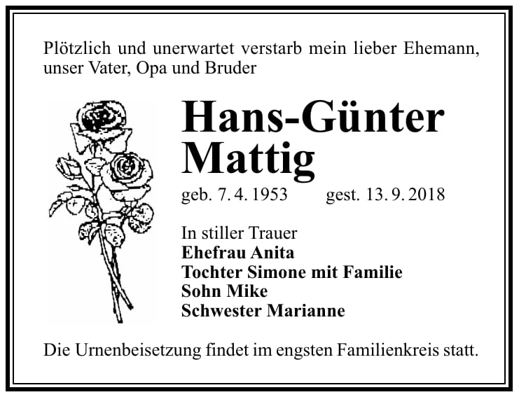 Traueranzeige Hans-Günter Mattig