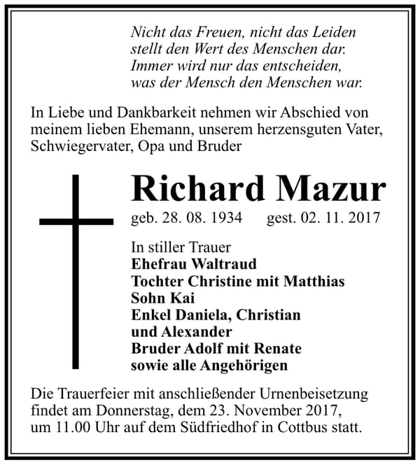 Traueranzeige Richard Mazur