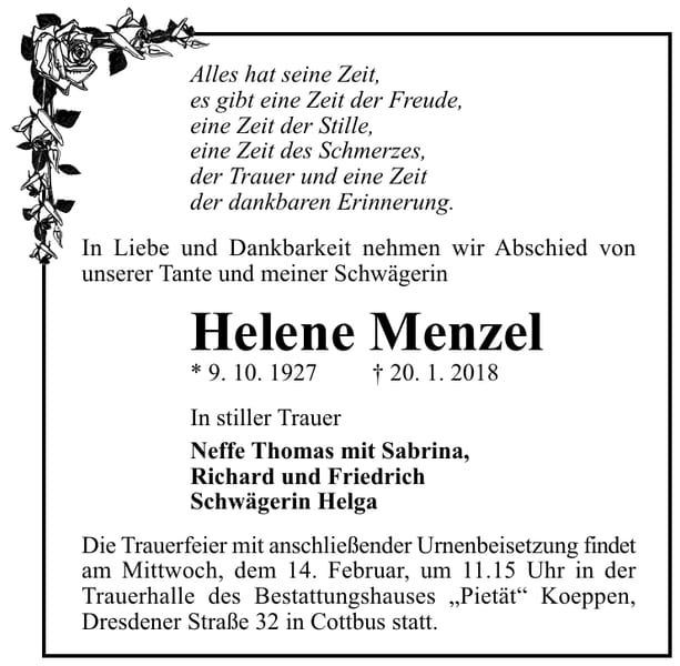 Traueranzeige Helene Menzel