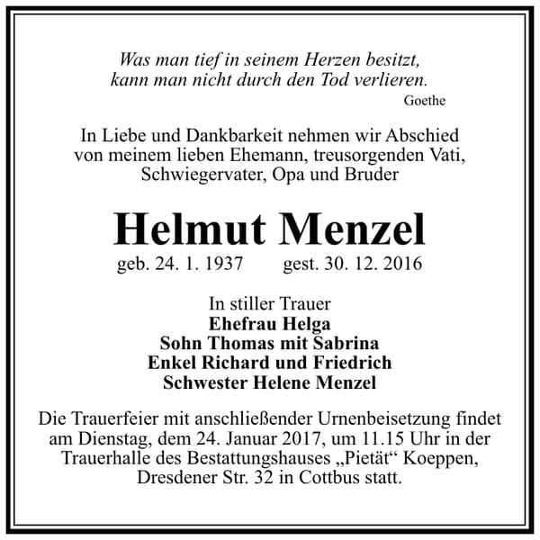 Traueranzeige Helmut Menzel