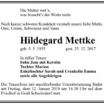 Traueranzeige Hildegard Mettke