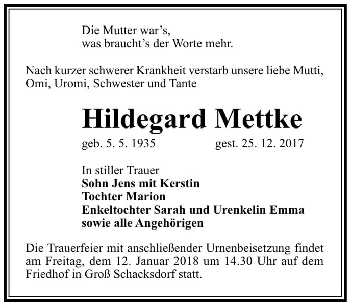 Traueranzeige Hildegard Mettke