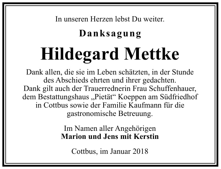 Danksagung Hildegard Mettke