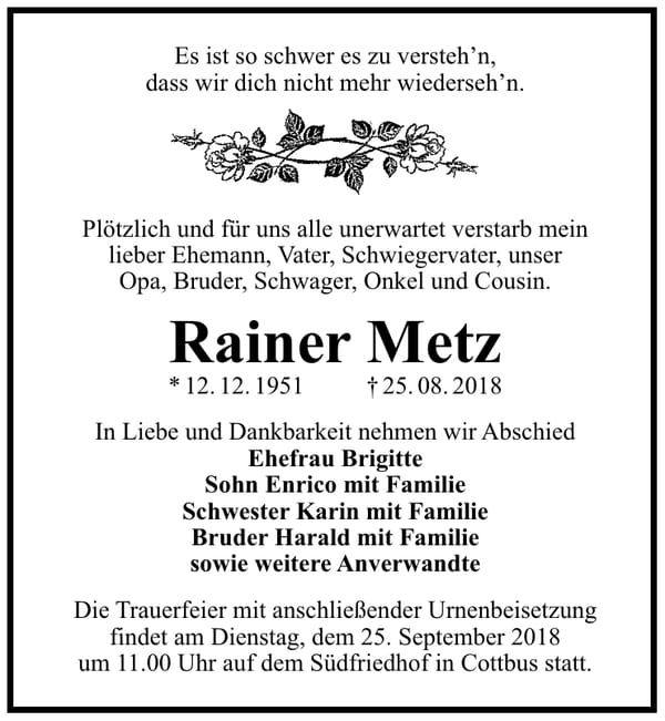 Traueranzeige Rainer Metz