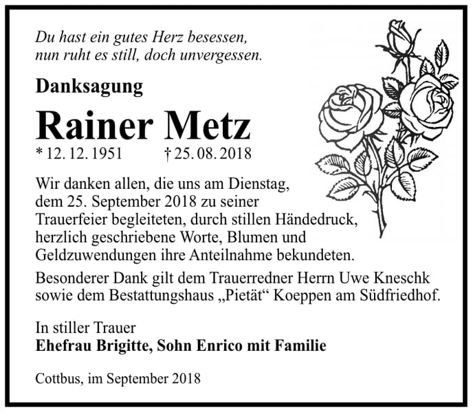 Danksagung Rainer Metz