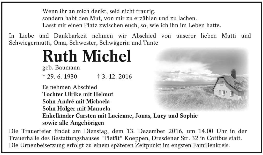 Traueranzeige Ruth Michel, geb. Baumann