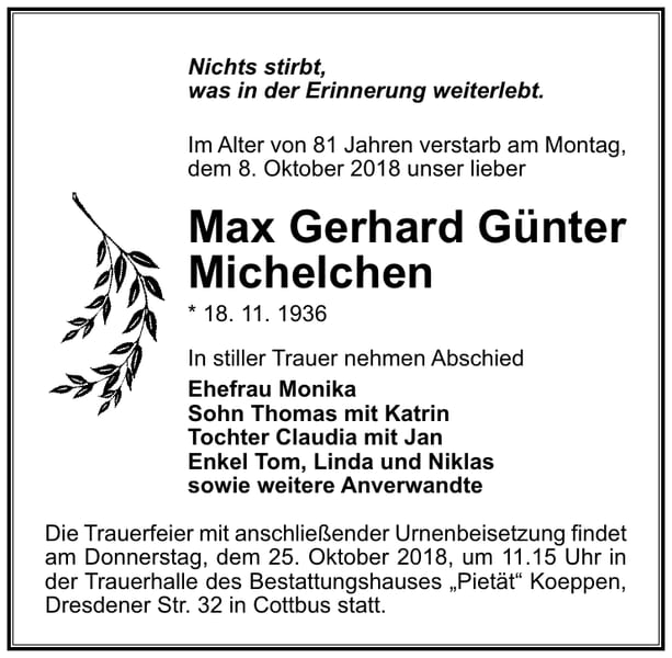 Traueranzeige Max Gerhard Günter Michelchen
