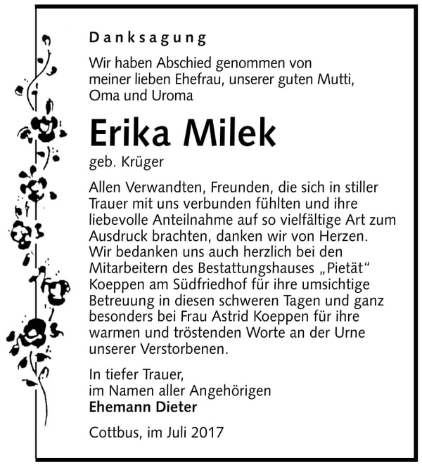 Danksagung Erika Milek, geb. Krüger
