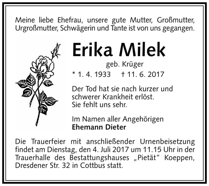 Traueranzeige Erika Milek, geb. Krüger