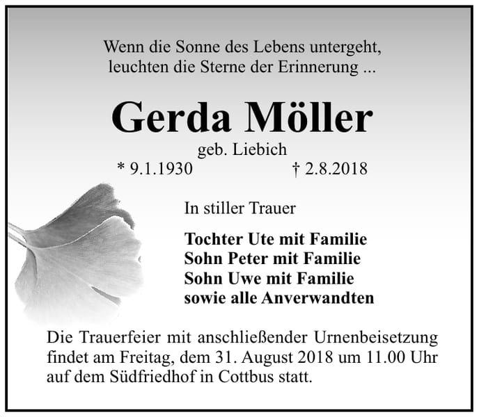Traueranzeige Gerda Möller, geb. Liebich