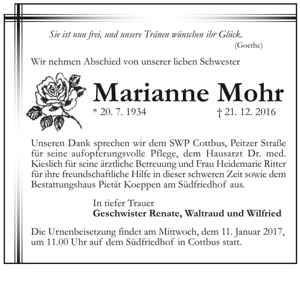 Traueranzeige Marianne Mohr