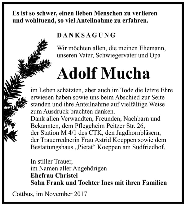 Danksagung Adolf Mucha