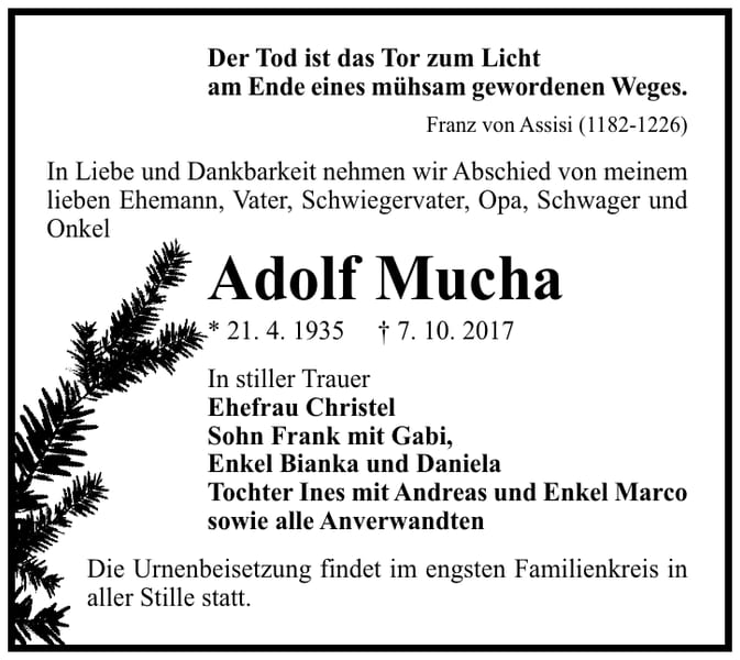 Traueranzeige Adolf Mucha