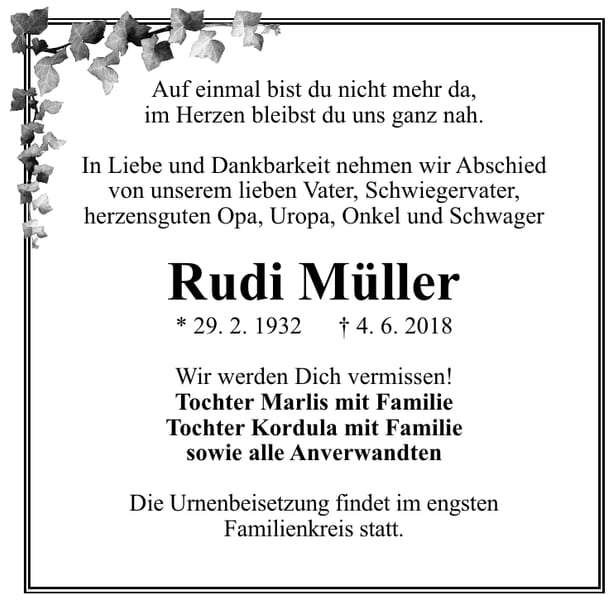 Traueranzeige Rudi Müller