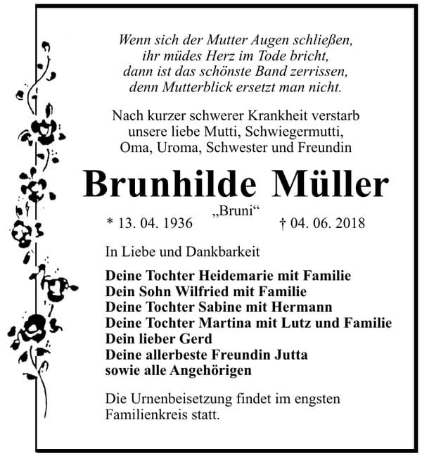 Traueranzeige Brunhilde Müller