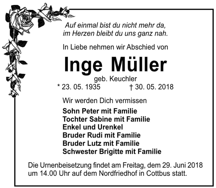 Traueranzeige Inge Müller, geb. Keuchler