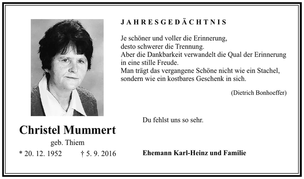 Jahresgedenken Christel Mummert, geb. Thiem