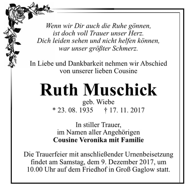 Traueranzeige Ruth Muschick, geb. Wiebe