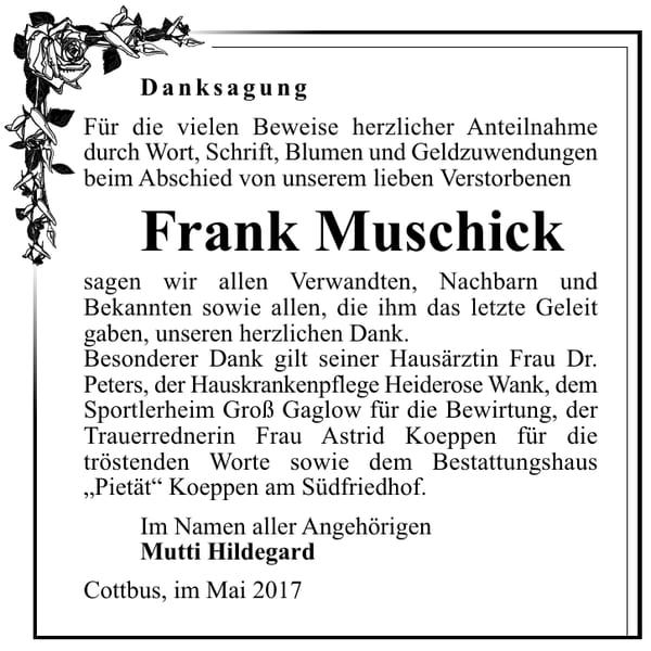 Danksagung Frank Muschick
