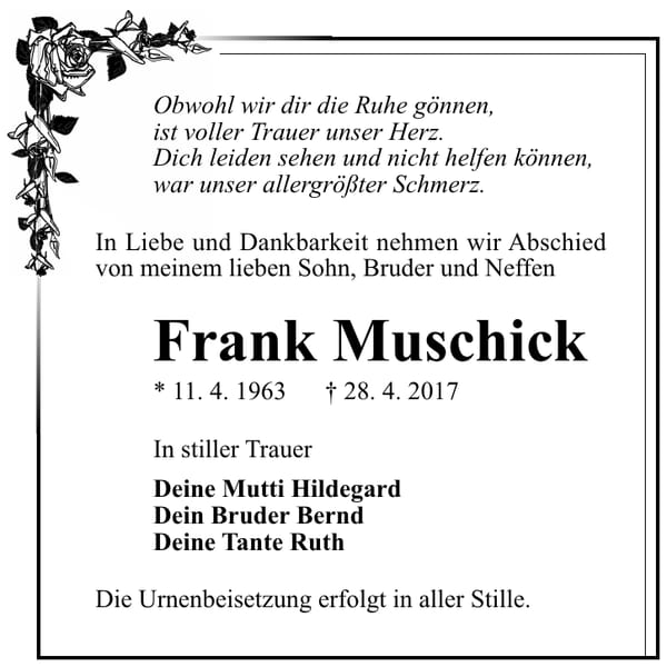 Traueranzeige Frank Muschick