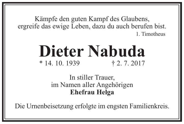 Traueranzeige Dieter Nabuda