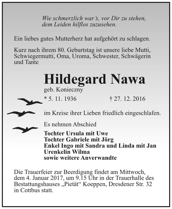 Traueranzeige Hildegard Nawa, geb. Konieczny