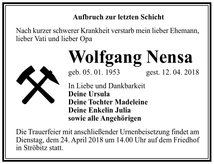 Traueranzeige Wolfgang Nensa