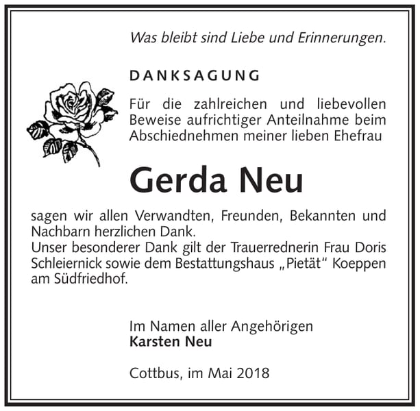 Danksagung Gerda Neu