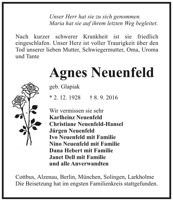 Traueranzeige Agnes Neuenfeld, geb. Glapiak