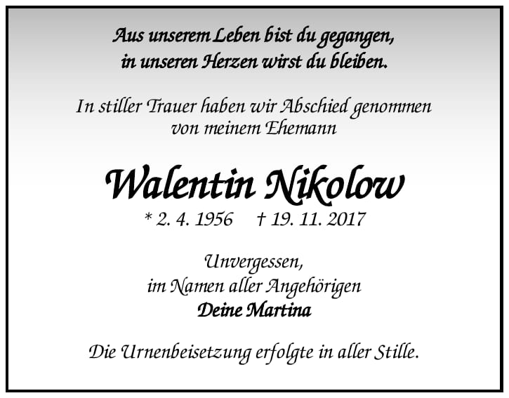 Traueranzeige Walentin Nikolow