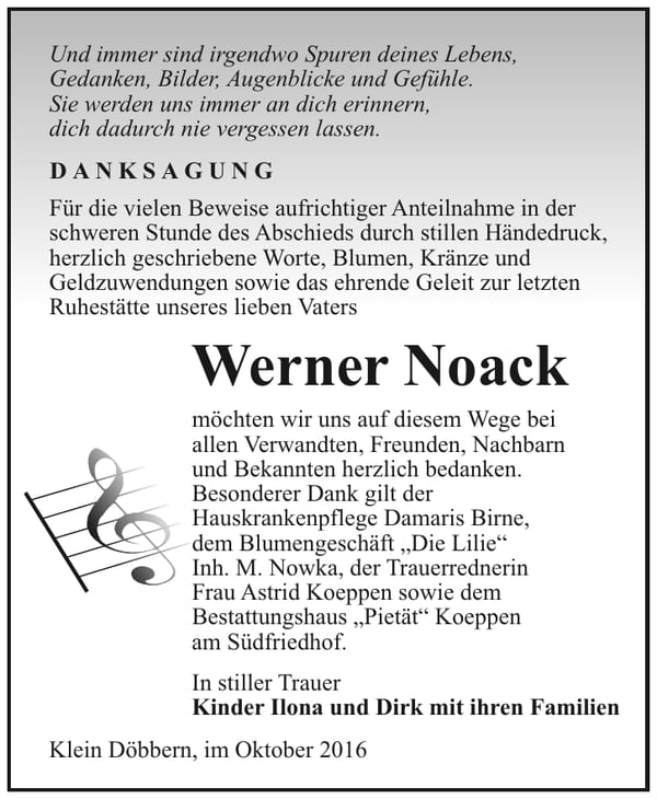 Danksagung Werner Noack