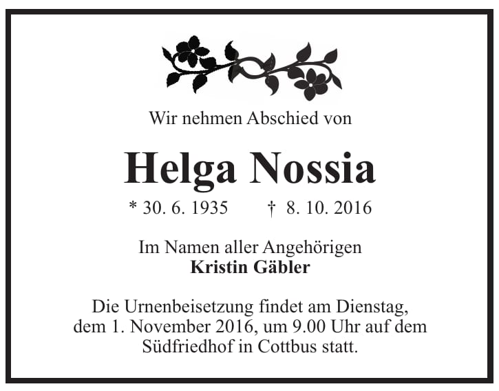 Traueranzeige Helga Nossia