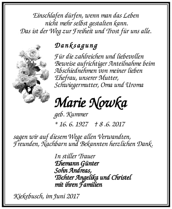Danksagung Marie Nowka, geb. Kummer