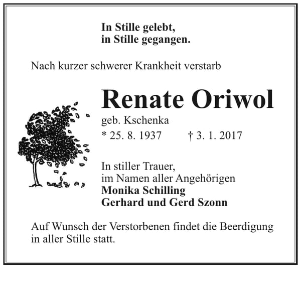 Traueranzeige Renate Oriwol, geb. Kschenka
