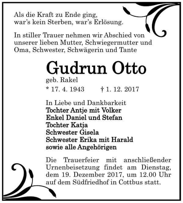 Traueranzeige Gudrun Otto, geb. Rakel