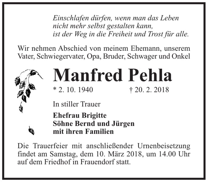 Traueranzeige Manfred Pehla