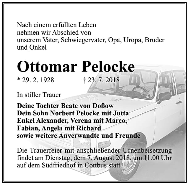 Traueranzeige Ottomar Pelocke