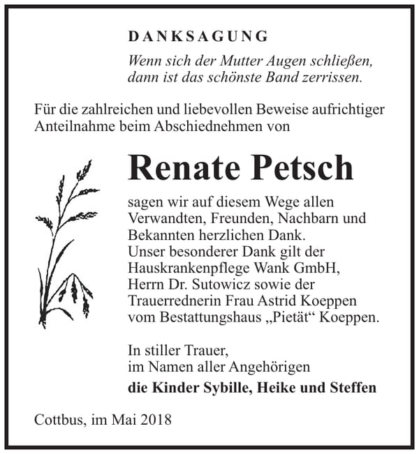 Danksagung Renate Petsch