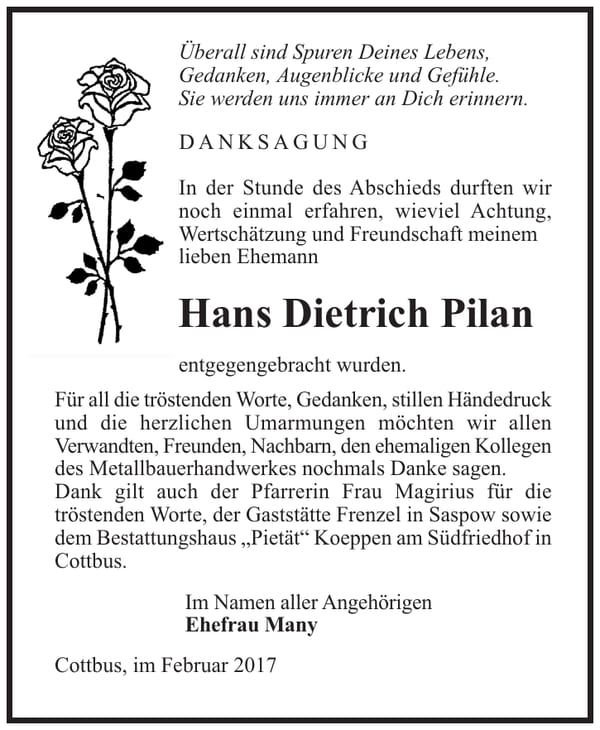 Danksagung Hans Dietrich Pilan