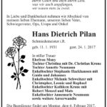 Traueranzeige Hans Dietrich Pilan