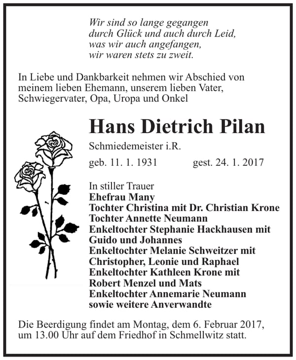 Traueranzeige Hans Dietrich Pilan