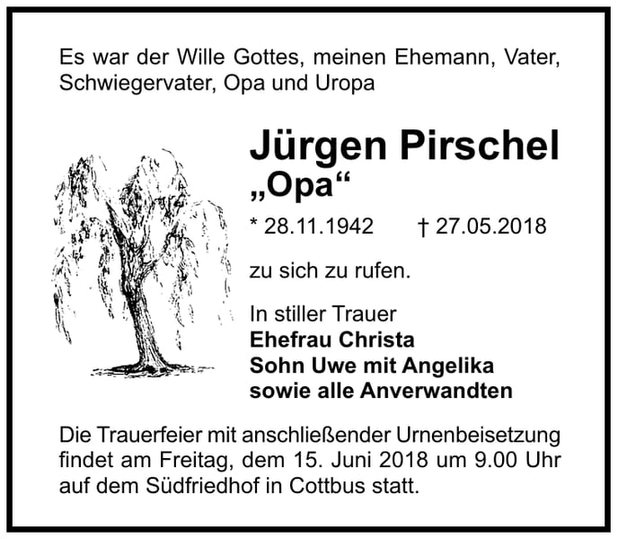 Traueranzeige Jürgen Pirschel