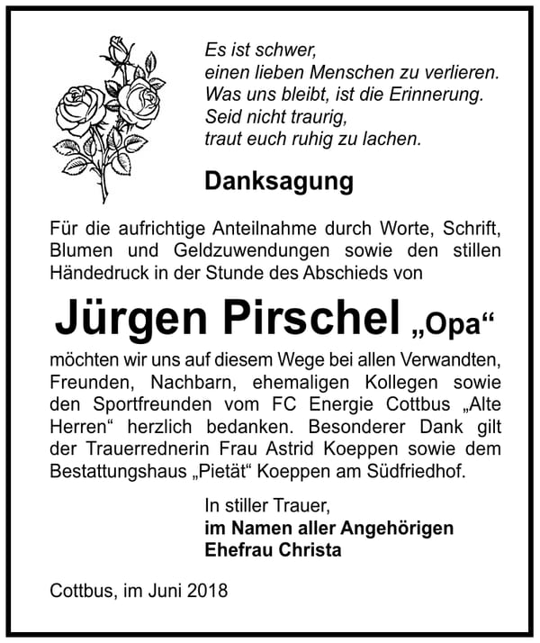 Danksagung Jürgen Pirschel
