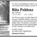 Danksagung Rita Pohlenz, geb. Volkmer
