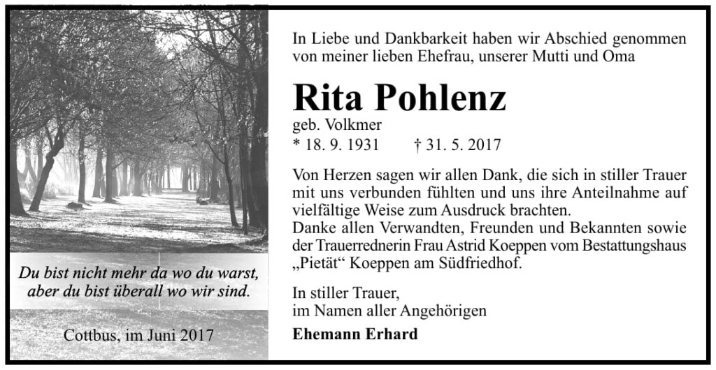 Danksagung Rita Pohlenz, geb. Volkmer