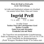 Traueranzeige Ingrid Prell, geb. Wagner